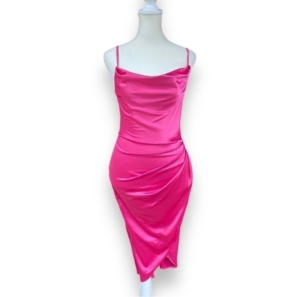 New HTZMO Fuchsia Ruched Cowl Neck Satin Midi Dress Size Extra Small - Picture 3 of 16